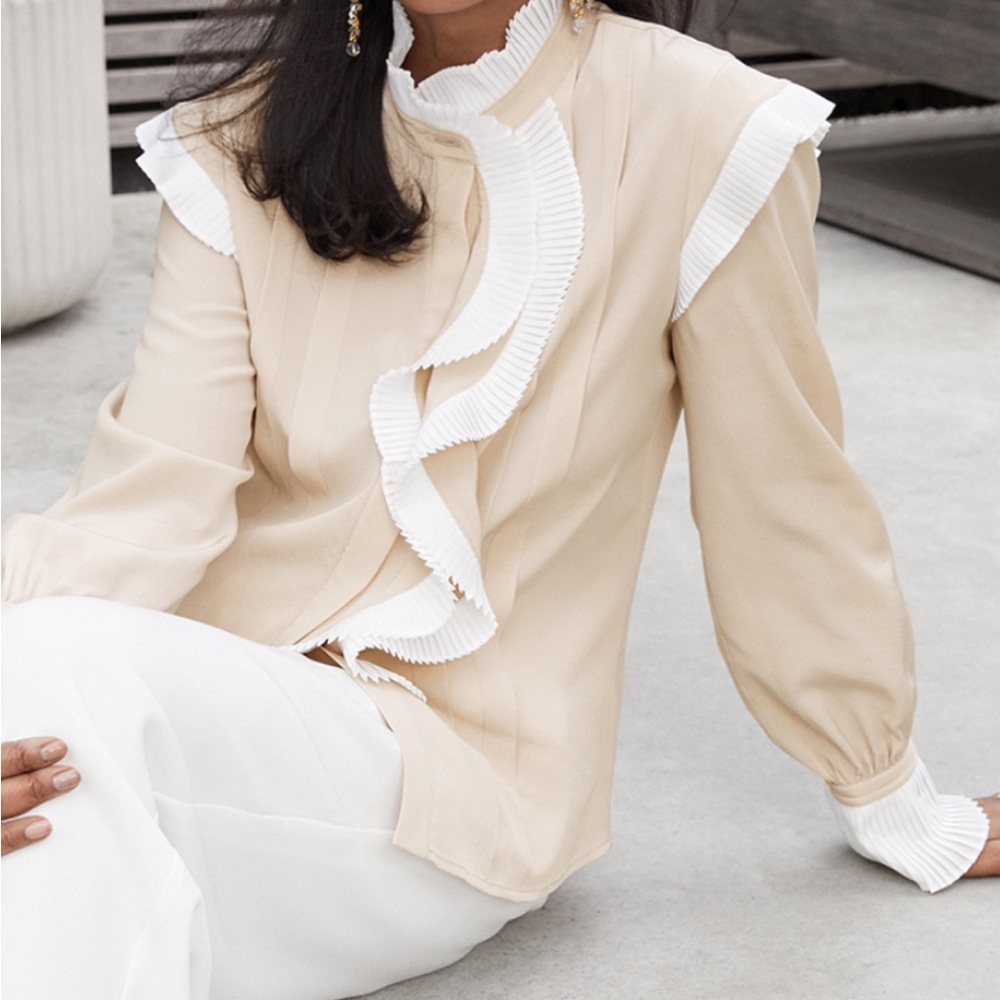 The Fold London: Tan and White Ruffled Long Sleeve Blouse